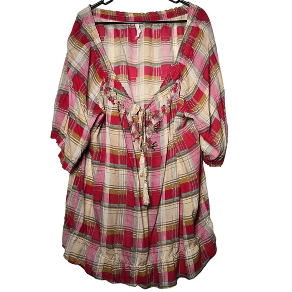 Overdrive Tops - Overdrive Womens Red Plaid Top Plus 2X Boho Peasant Western Cottage Summer Gypsy
